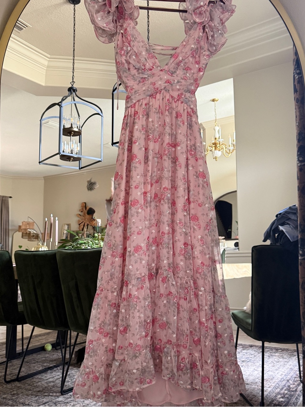 Storia Pale Pink Floral Chiffon Ruffle Strap Open Back Maxi Dress Size M
